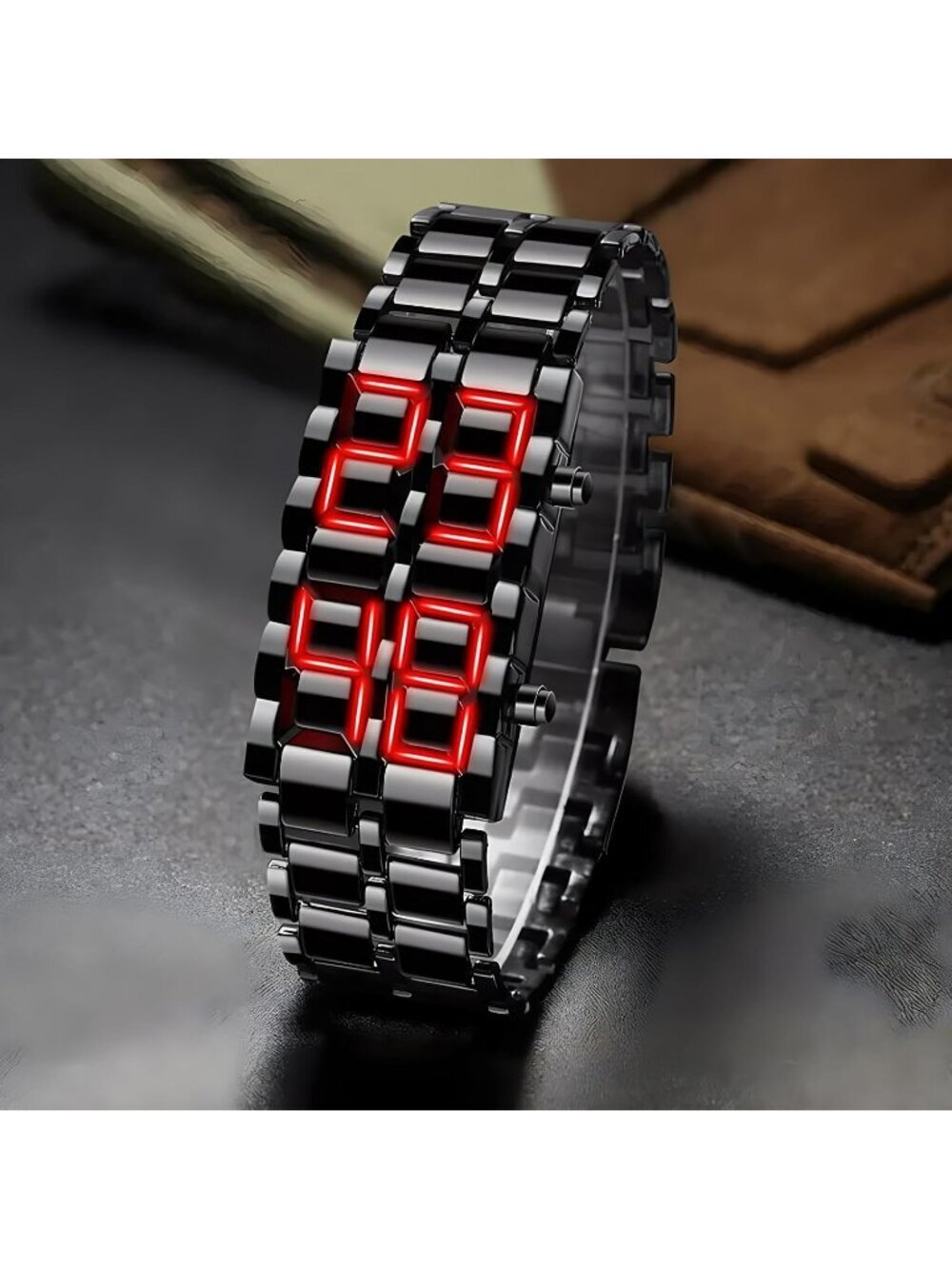 Men's Black Red Analog Quartz Lava Style Stainless Steel Bracelet Digital Watch - Picture 2 of 6